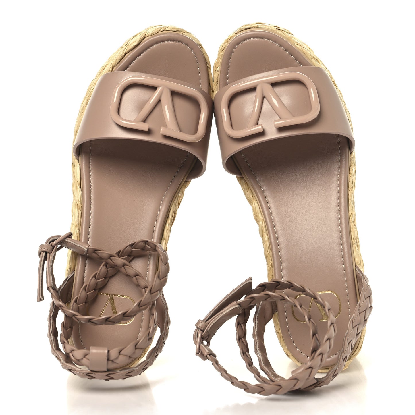 Pebbled Calfskin VLogo Ankle Wrap Espadrille 45/90mm Platform Wedge Sandals 37.5 Poudre