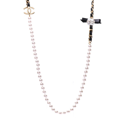 Chanel Pearl Lambskin CC Camellia Necklace Black Gold 1 of 7