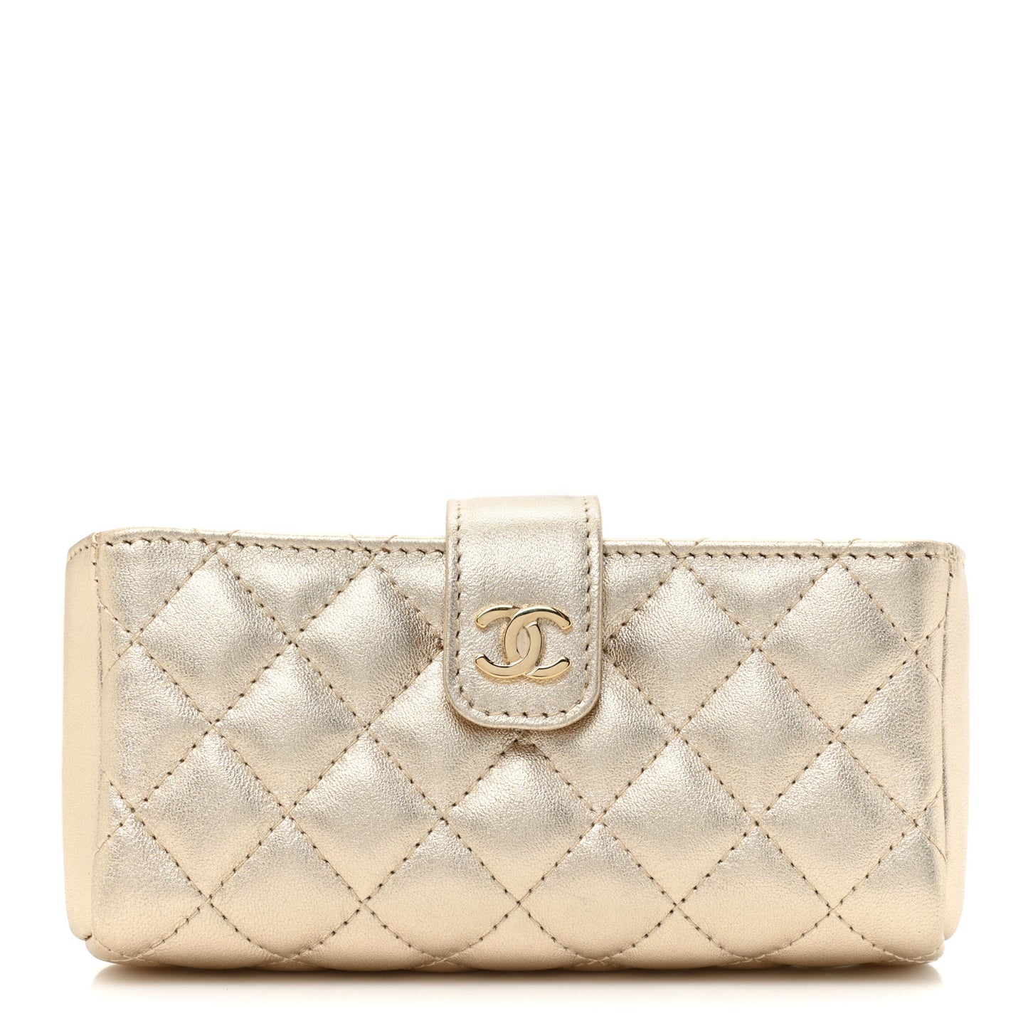 Metallic Lambskin Quilted Mini Phone Holder Clutch Light Gold