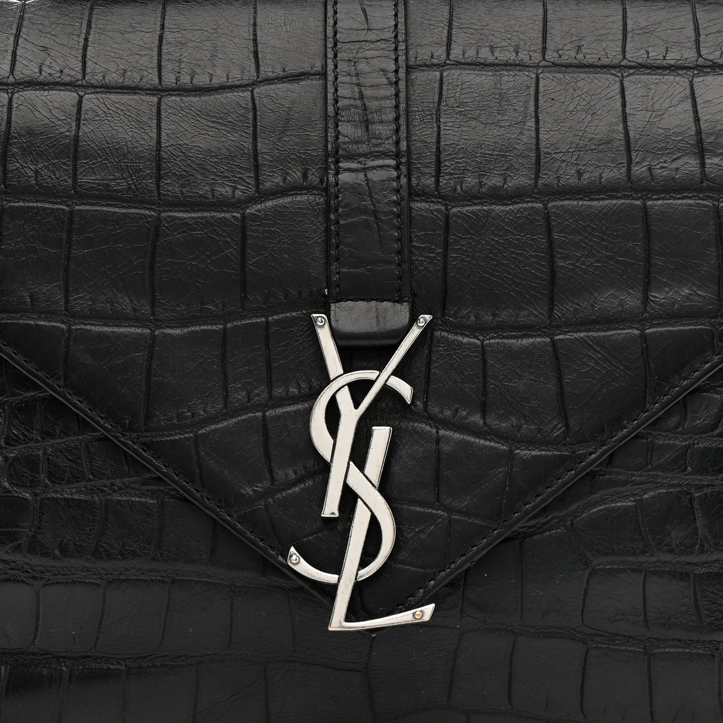 Calfskin Crocodile Embossed Medium College Monogram Satchel Black