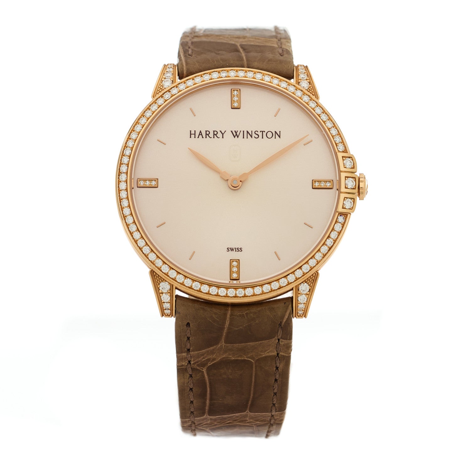 Harry Winston 18K Rose Gold Alligator Diamond Bezel 39mm Midnight Quartz Watch Champagne 1 of 4