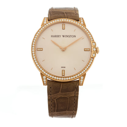 Harry Winston 18K Rose Gold Alligator Diamond Bezel 39mm Midnight Quartz Watch Champagne 1 of 4