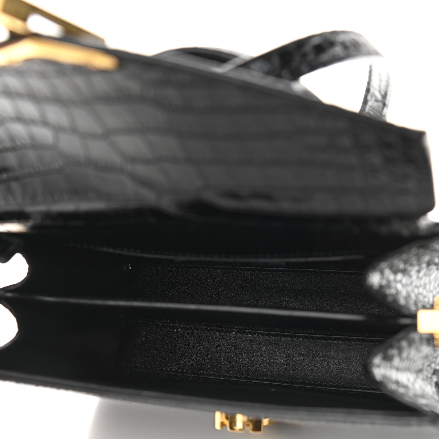 Saint Laurent Calfskin Crocodile Embossed Mini Classic Monogram Cassandra Top Handle Black 4 of 7