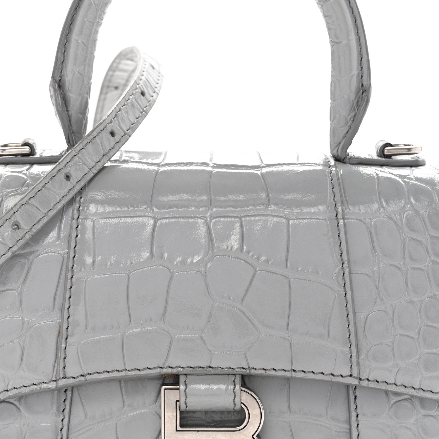 Balenciaga Shiny Calfskin Crocodile Embossed Hourglass Top Handle
