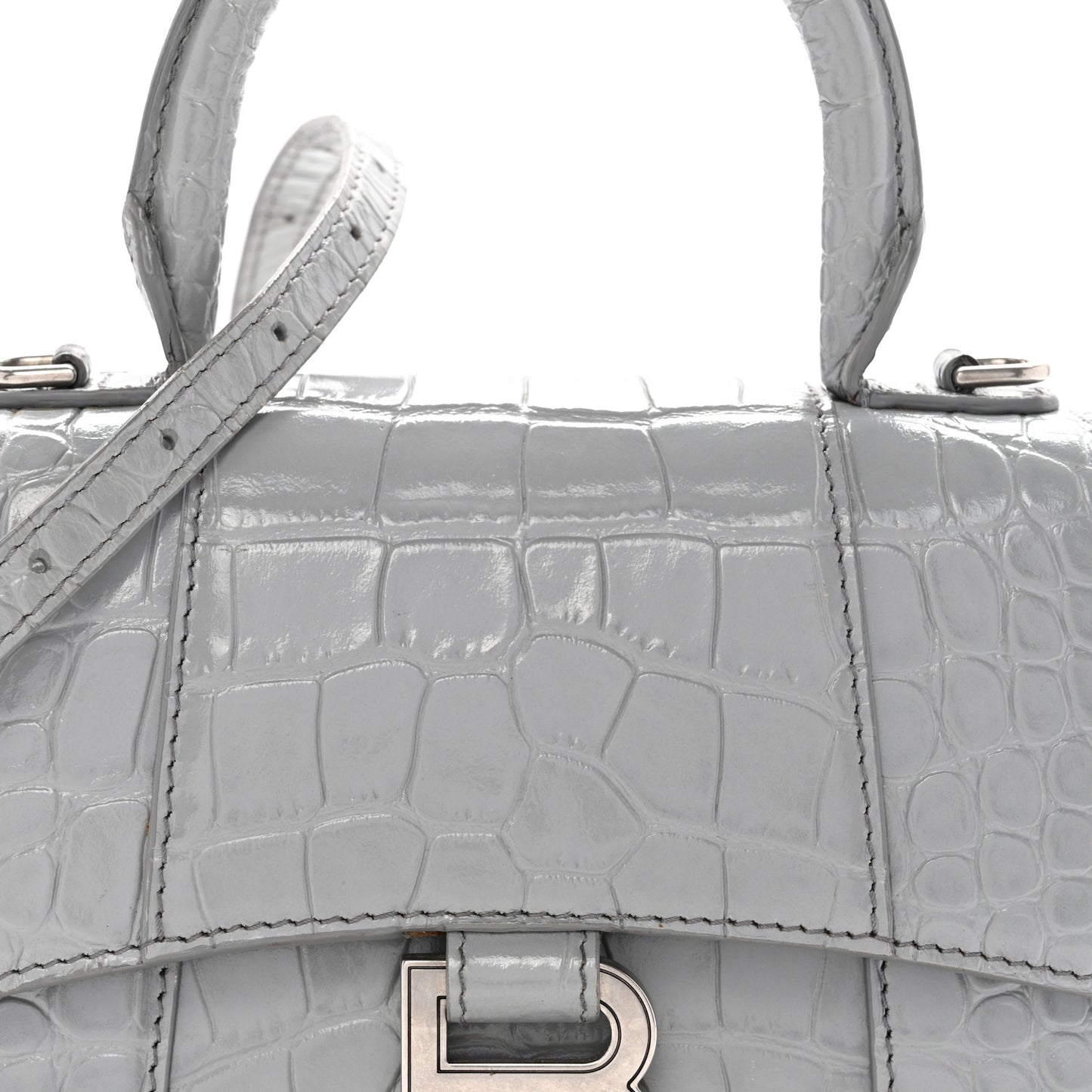 Shiny Calfskin Crocodile Embossed Hourglass Top Handle Bag XS Balenciaga Grey
