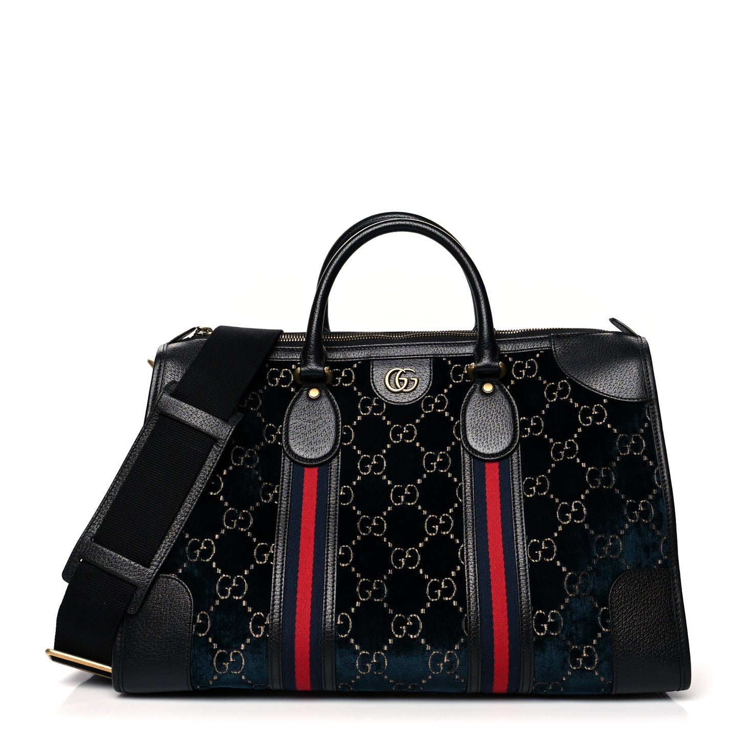 Velvet GG Monogram Textured Calfskin Web Medium Duffle Bag Blue Beige Black