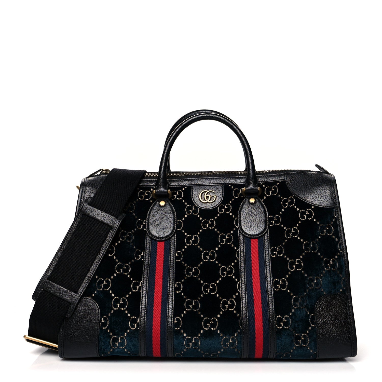 Gucci Velvet GG Monogram Textured Calfskin Web Medium Duffle Bag Blue Beige Black 1 of 13