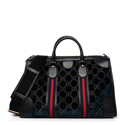 Gucci Velvet GG Monogram Textured Calfskin Web Medium Duffle Bag Blue Beige Black 1 of 13