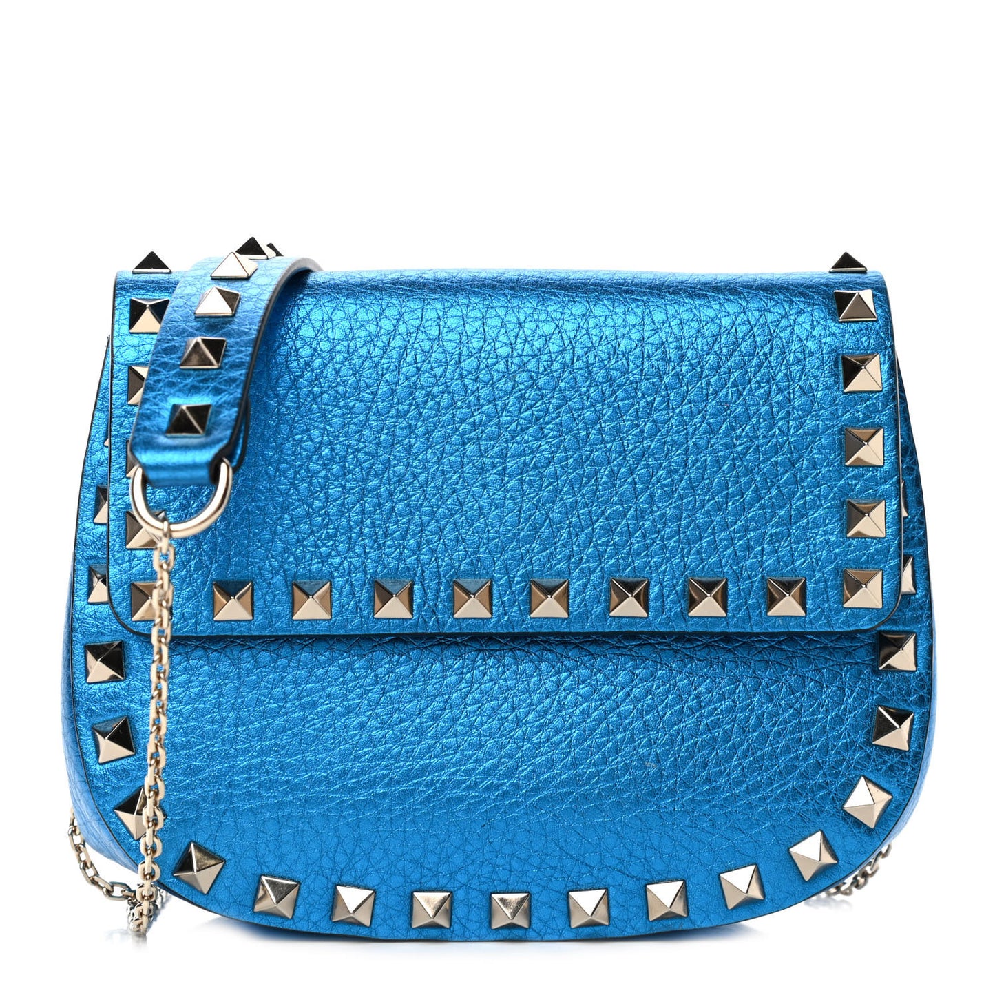 Metallic Grained Calfskin Mini Rockstud Crossbody Saddle Bag Cerulean