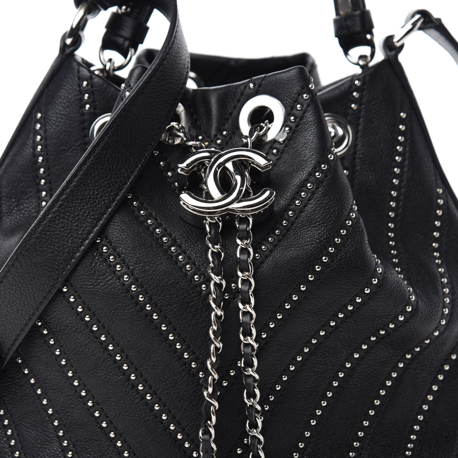 Chanel Calfskin Studded Chevron Quilted Stud Wars Drawstring Bag Black 10 of 10
