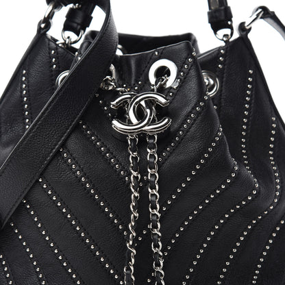 Chanel Calfskin Studded Chevron Quilted Stud Wars Drawstring Bag Black 10 of 10