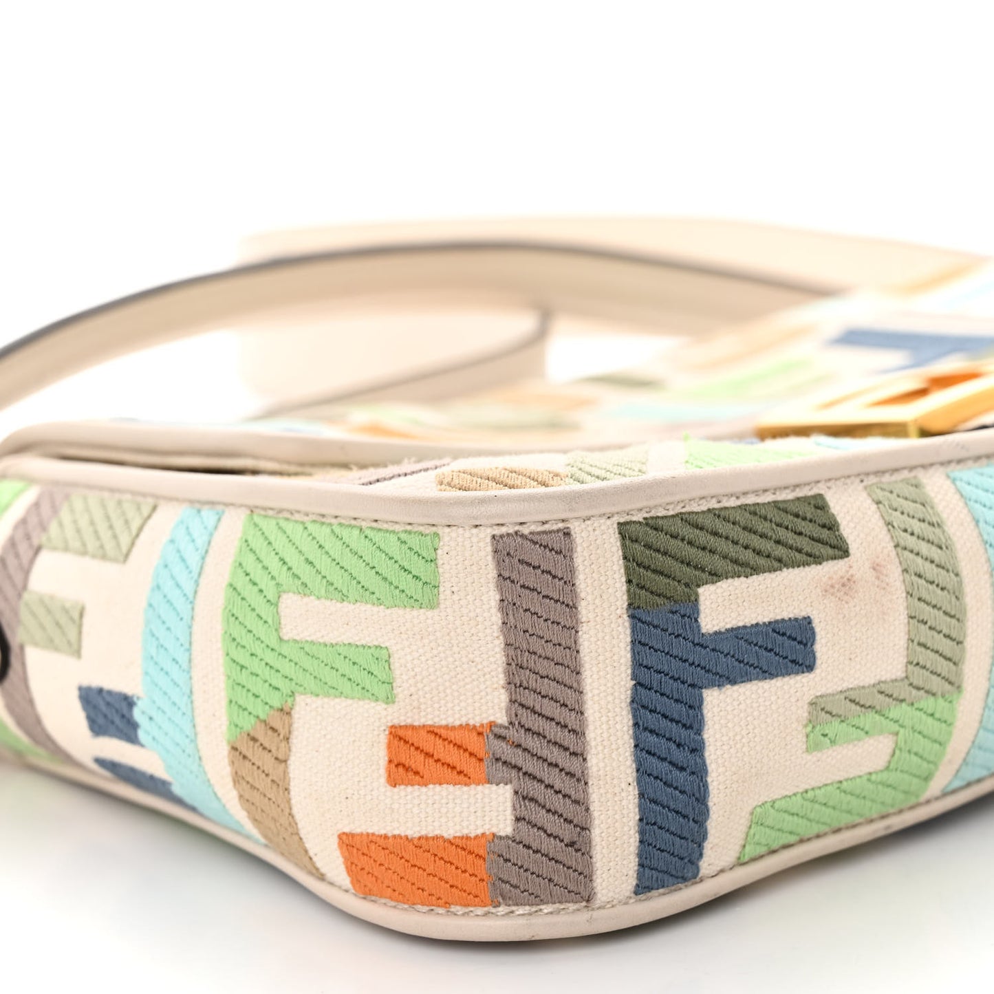 Canvas Vitello Seta FF Multicolor Embroidered Baguette Grezzo Multicolor Latte