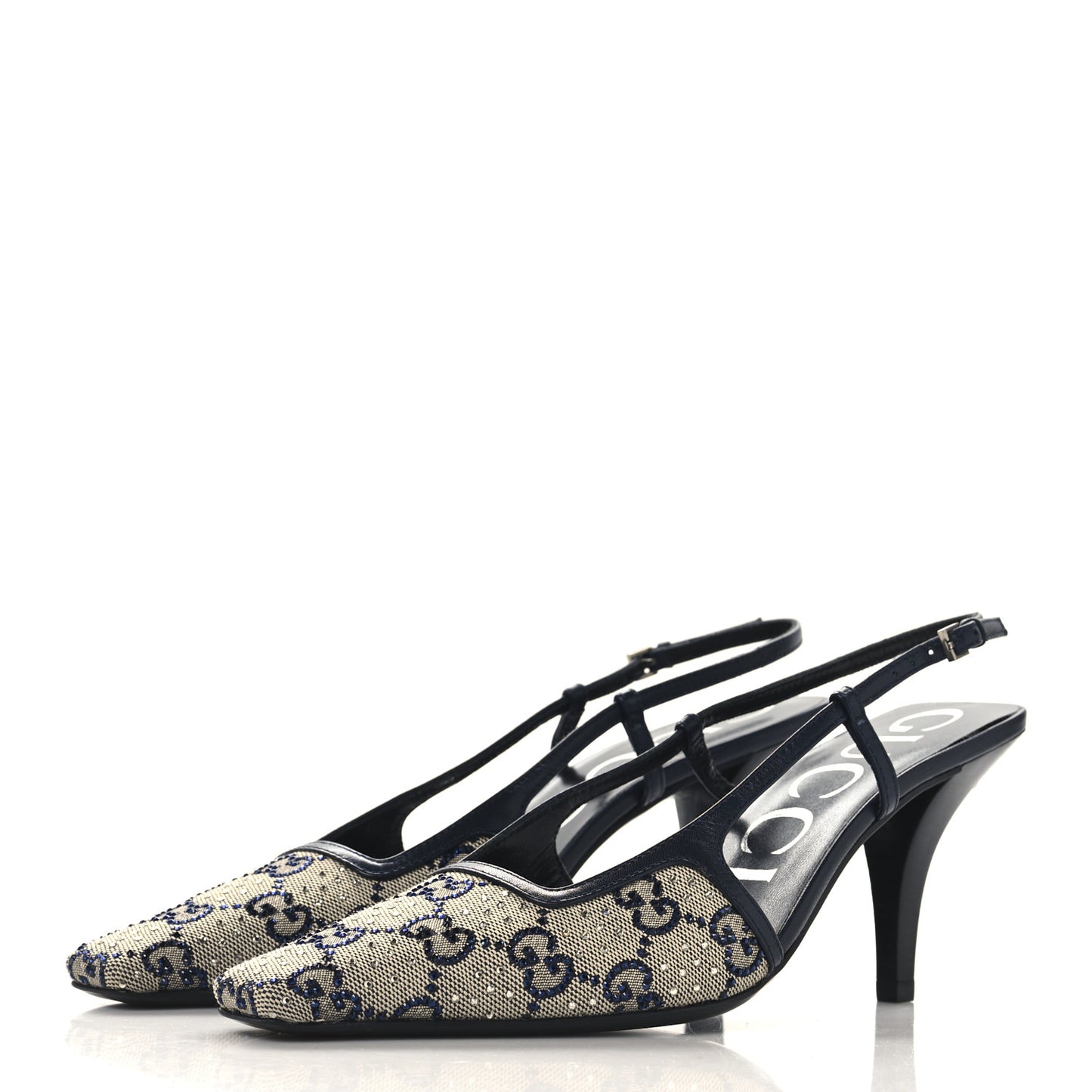 GG Monogram Malaga Kid Crystal Square G 75mm Slingback Pumps 36.5 Beige Blue