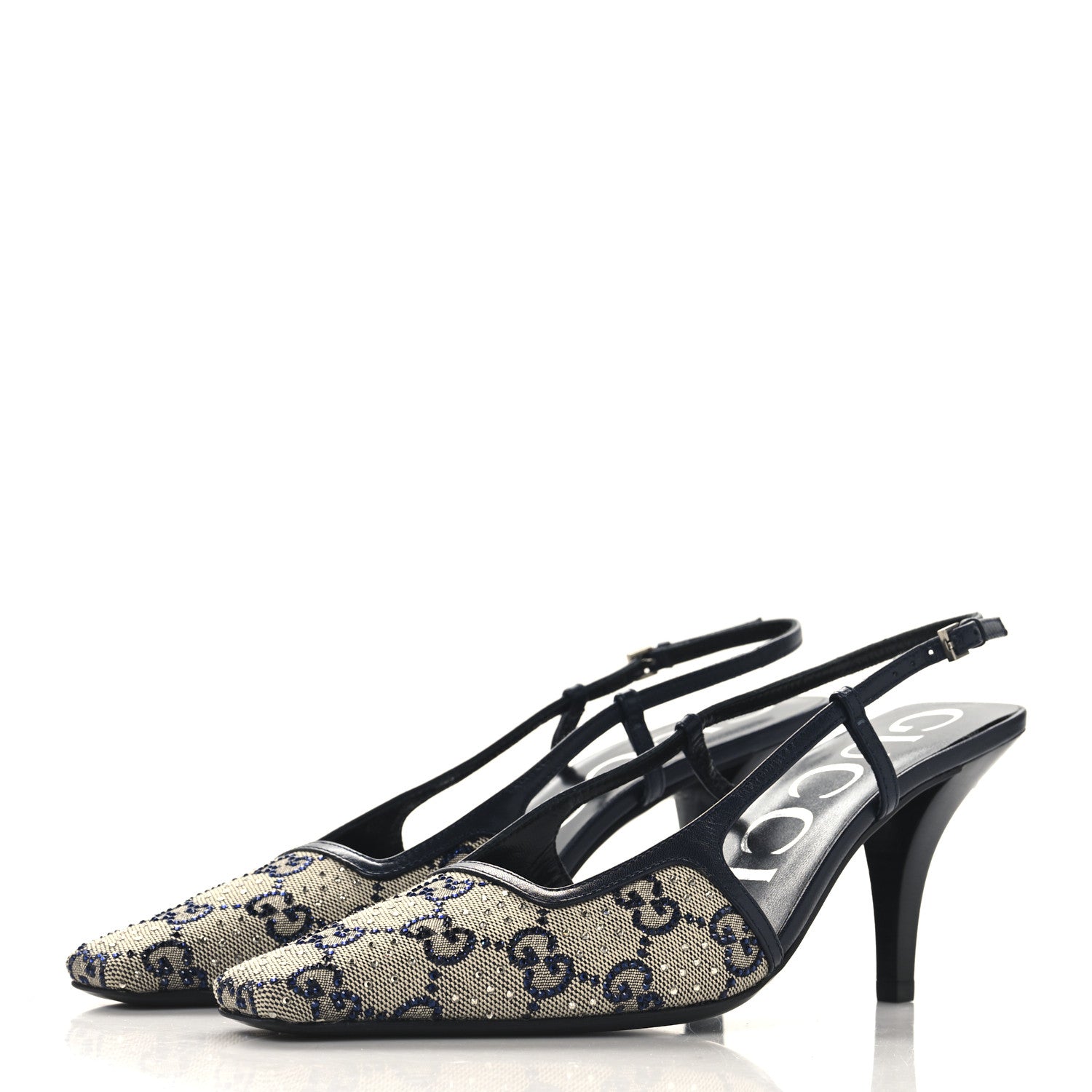 Gucci GG Monogram Malaga Kid Crystal Square G 75mm Slingback Pumps 36.5 Beige Blue 4 of 9