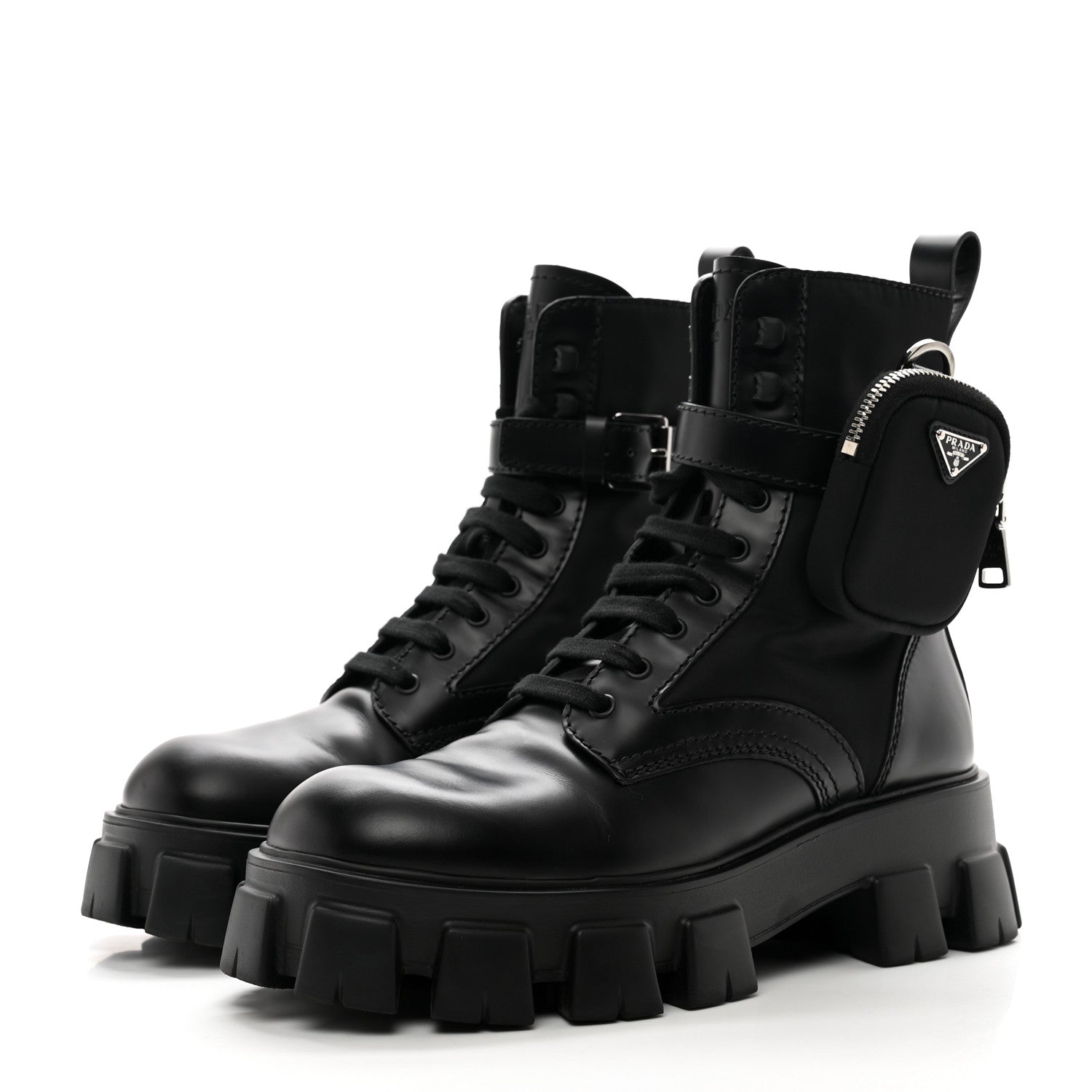 Prada Spazzolato Rois Re-Nylon Metal Triangle Logo Mens Monolith Pouch Pocket 60mm Combat Boots 7.5 Black 3 of 9
