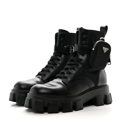 Prada Spazzolato Rois Re-Nylon Metal Triangle Logo Mens Monolith Pouch Pocket 60mm Combat Boots 7.5 Black 3 of 9