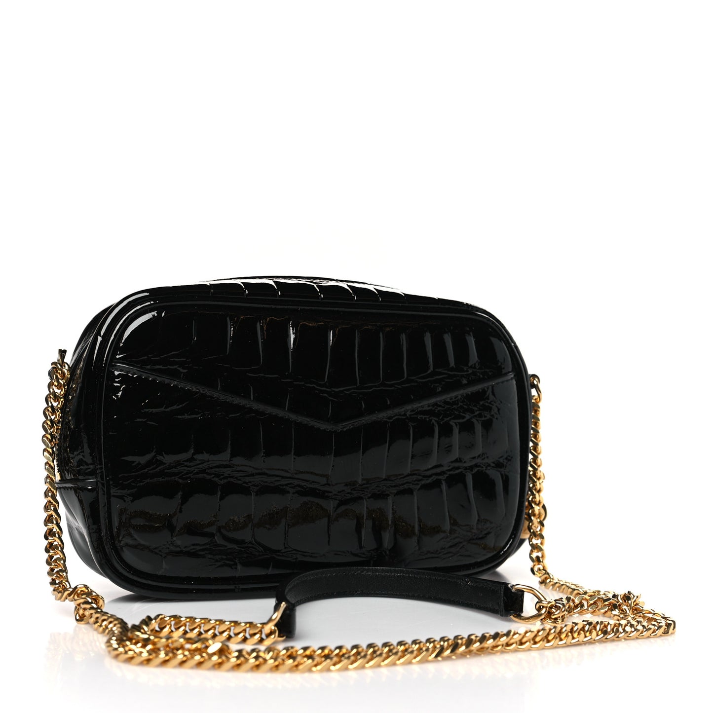 Patent Calfskin Crocodile Embossed Monogram Mini Lou Camera Bag Black