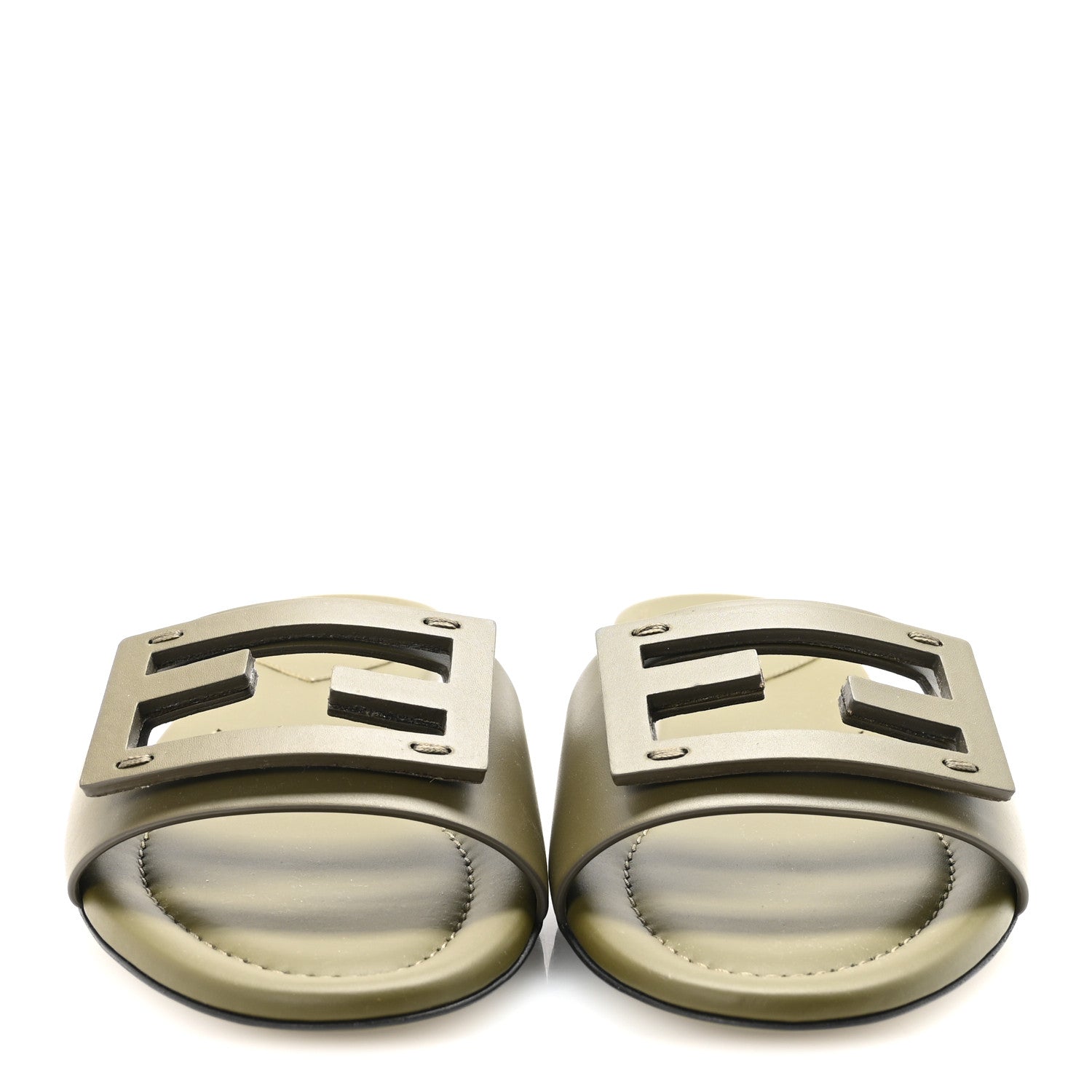 Fendi Calfskin FF Logo Plaque Slide Sandals 37 Militare 1802001