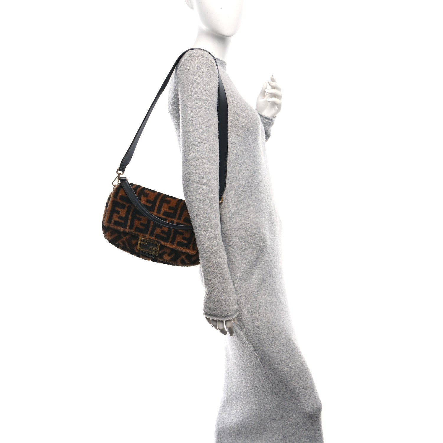 Fendi Shearling Vitello Dolce Macro FF 1974 Baguette Tobacco Black