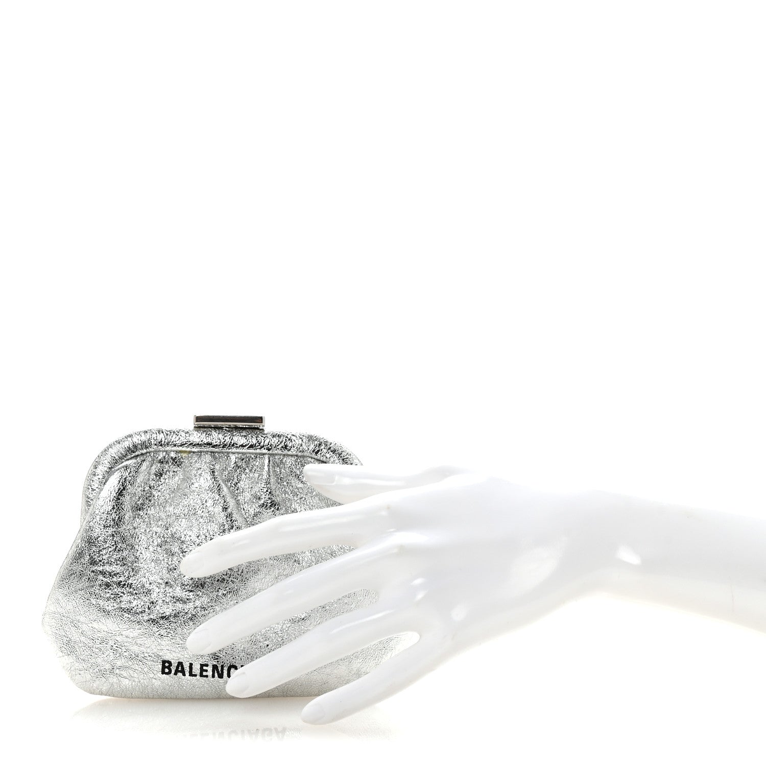 Balenciaga Metallic Textured Calfskin Logo Cloud Coin Purse With Strap Silver 2 of 7