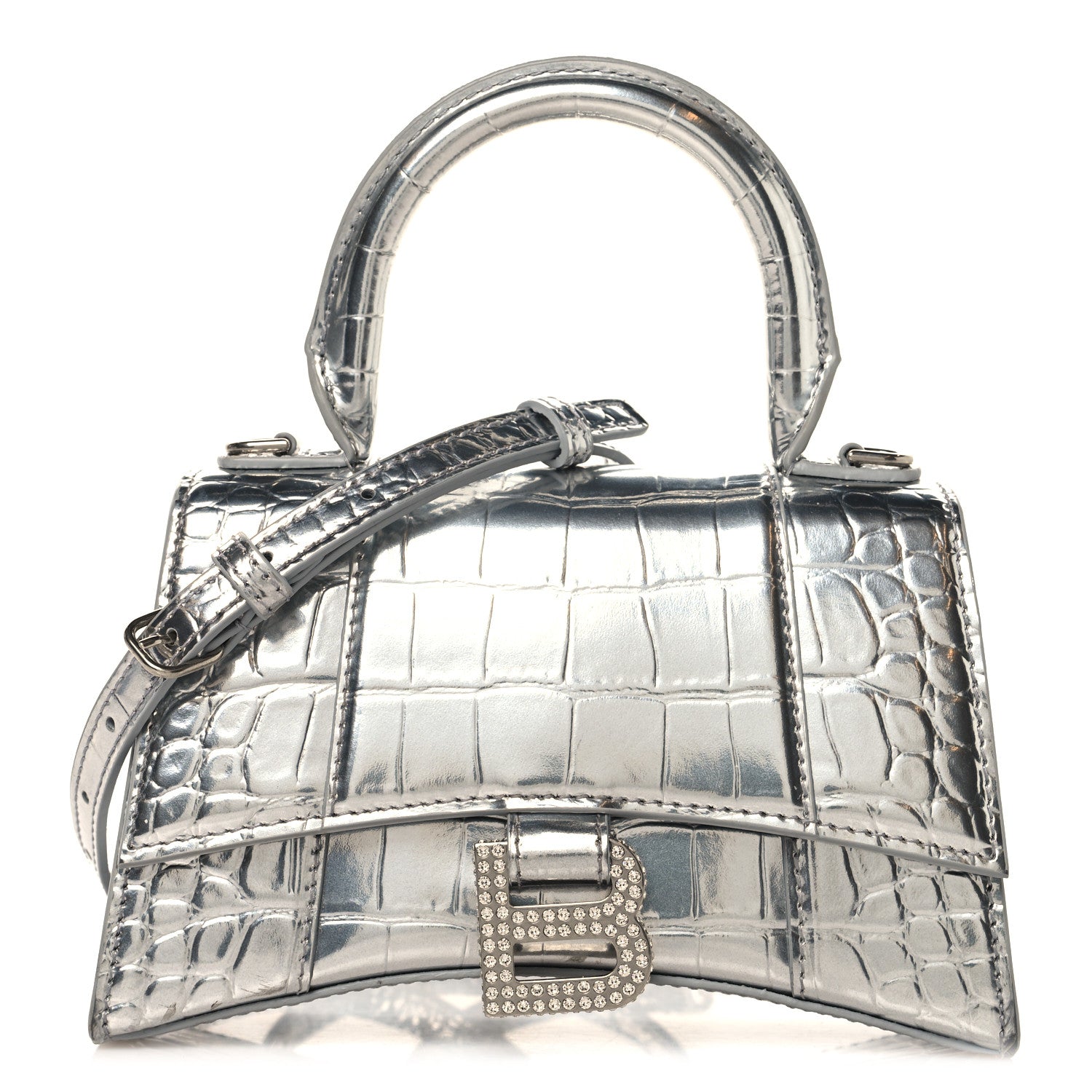 Balenciaga Metallic Calfskin Crocodile Embossed Crystal Hourglass Top Handle Bag XS Silver 1 of 12