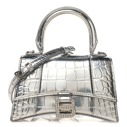 Balenciaga Metallic Calfskin Crocodile Embossed Crystal Hourglass Top Handle Bag XS Silver 1 of 12