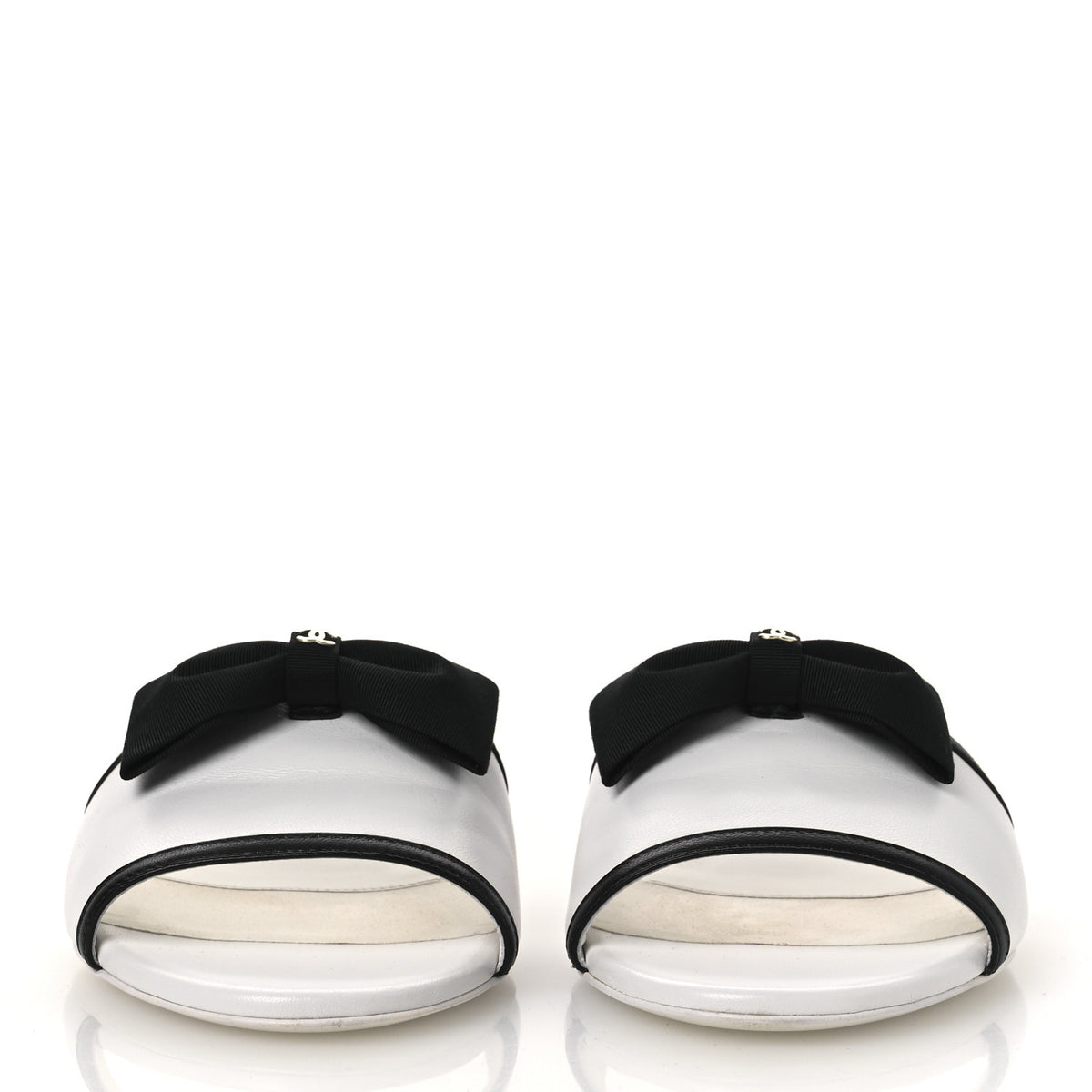 Lambskin Grosgrain CC Bow Mules 38.5 White Black