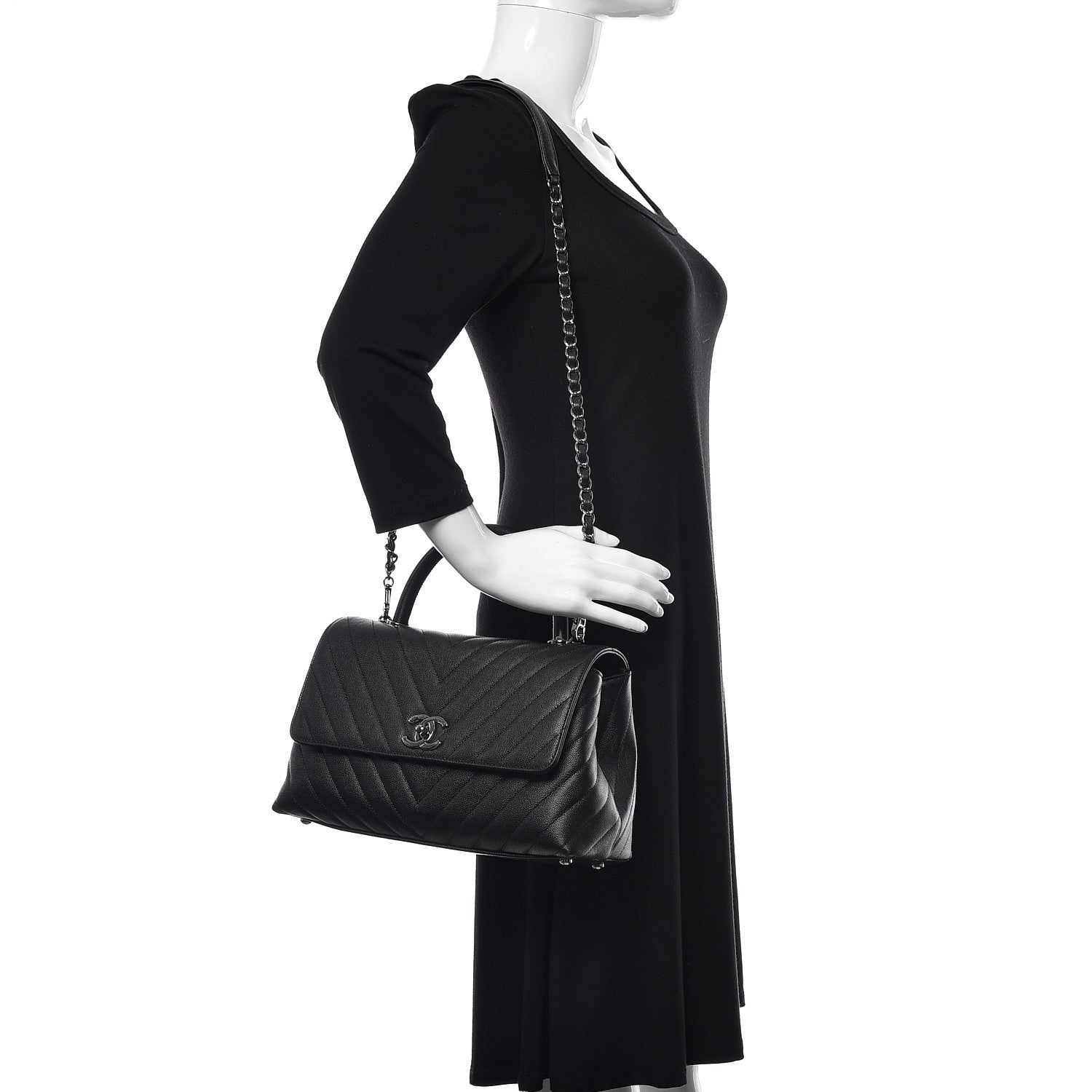 Chanel Caviar Chevron Quilted Small Coco Handle Flap Black 2 of 11
