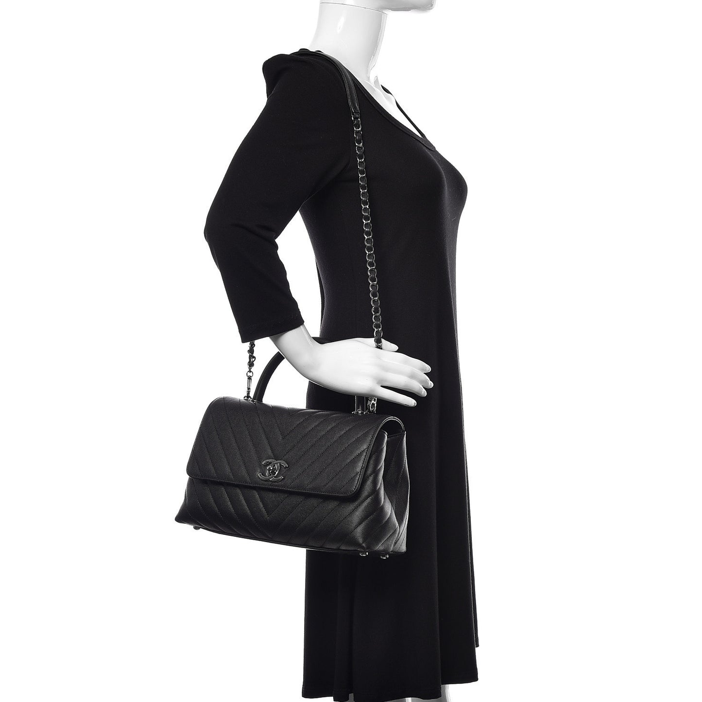Caviar Chevron Quilted Small Coco Handle Flap Black