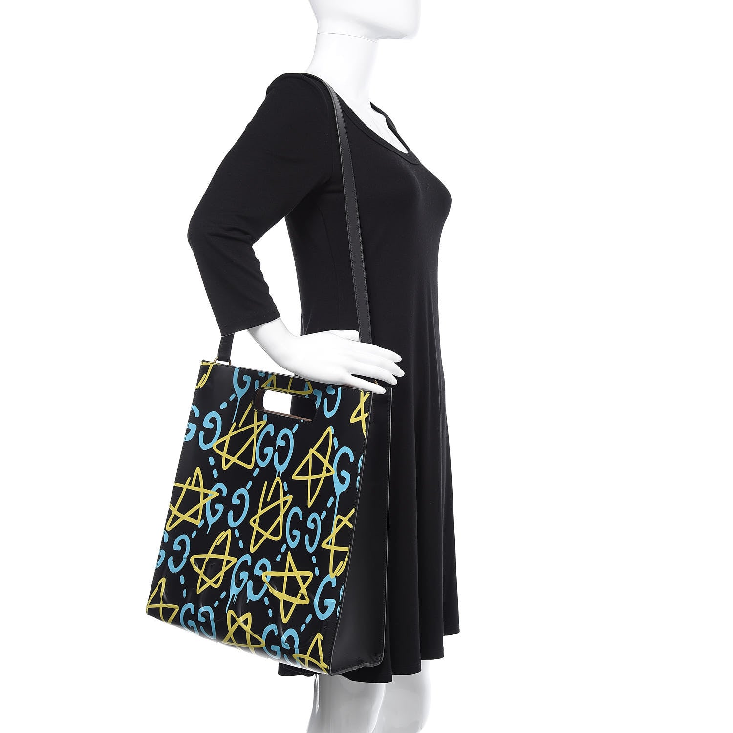 Gucci Calfskin GucciGhost Medium XL Tote Black New Acquamarine 2 of 12