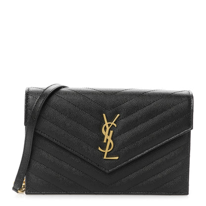 Saint Laurent Grain De Poudre Matelasse Chevron Monogram Envelope Chain Wallet Black 1 of 10