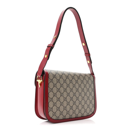 Gucci GG Supreme Monogram Azalea Calfskin Horsebit 1955 Shoulder Bag Beige Ebony New Cherry Red 3 of 10