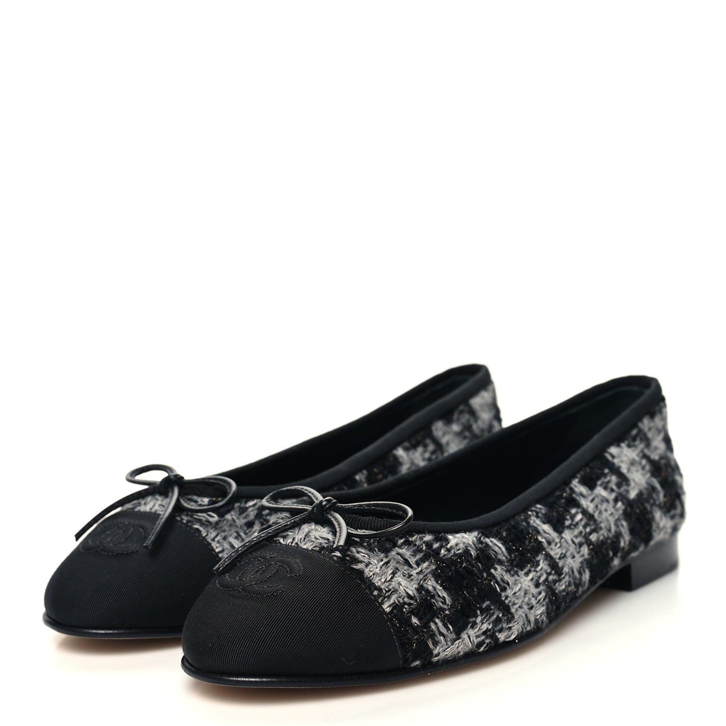 Tweed Grosgrain Cap Toe Ballerina Flats 38 Black White
