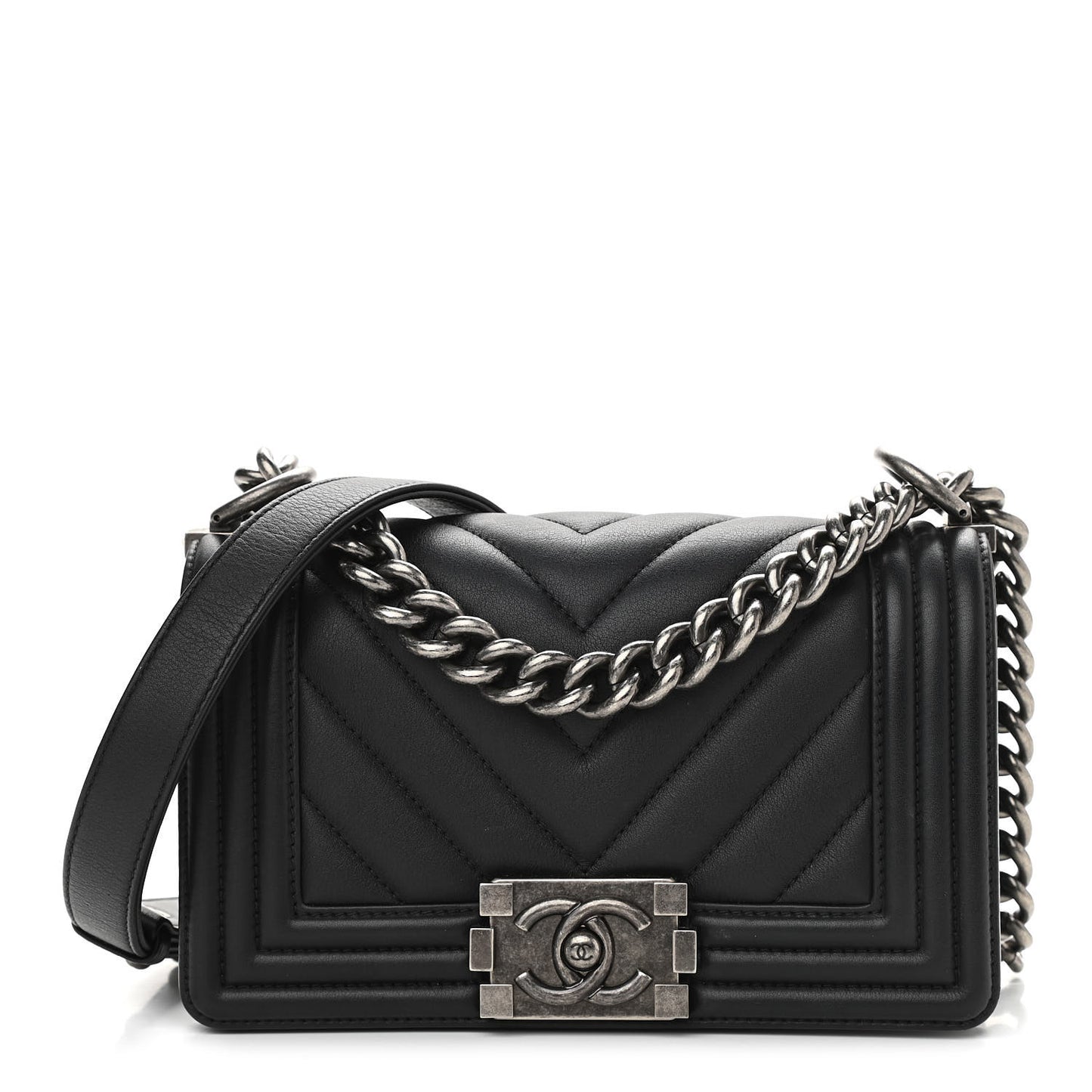 Calfskin Chevron Quilted Small Boy Flap Black