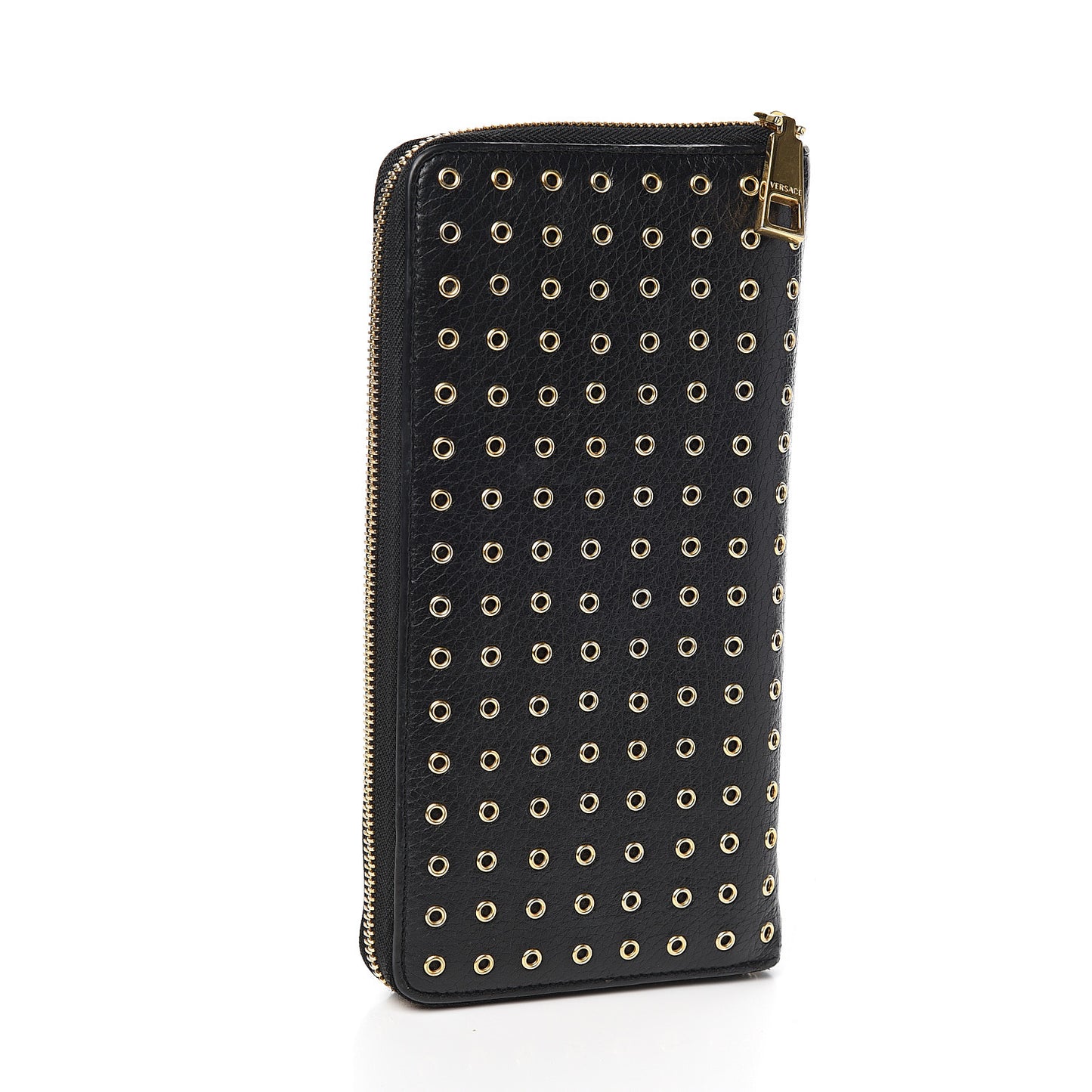 Calfskin Grommet Zip Around Organizer Wallet Black