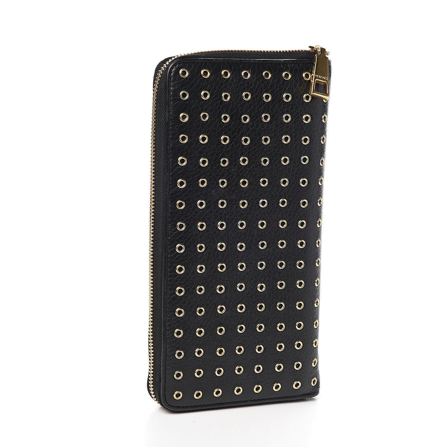 Versace Calfskin Grommet Zip Around Organizer Wallet Black 2 of 6