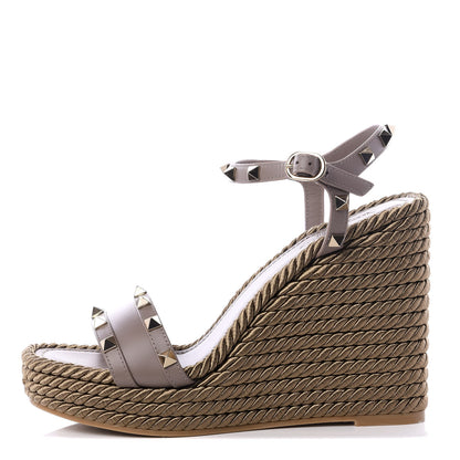 Valentino Garavani Silk Calfskin Rockstud Torchon Espadrille Wedge Sandals 38 Clay 1 of 10