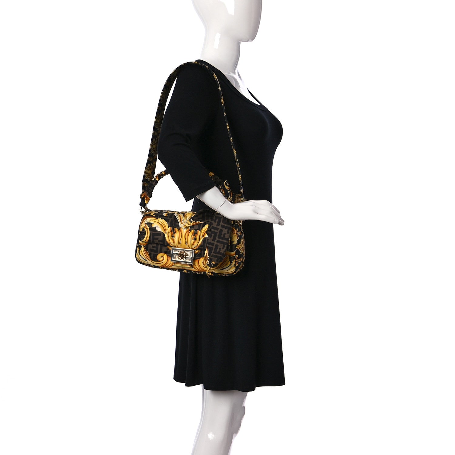 Fendi X VERSACE Silk Fendace FF Baroque Quilted Scarf Baguette Black Gold 2 of 9