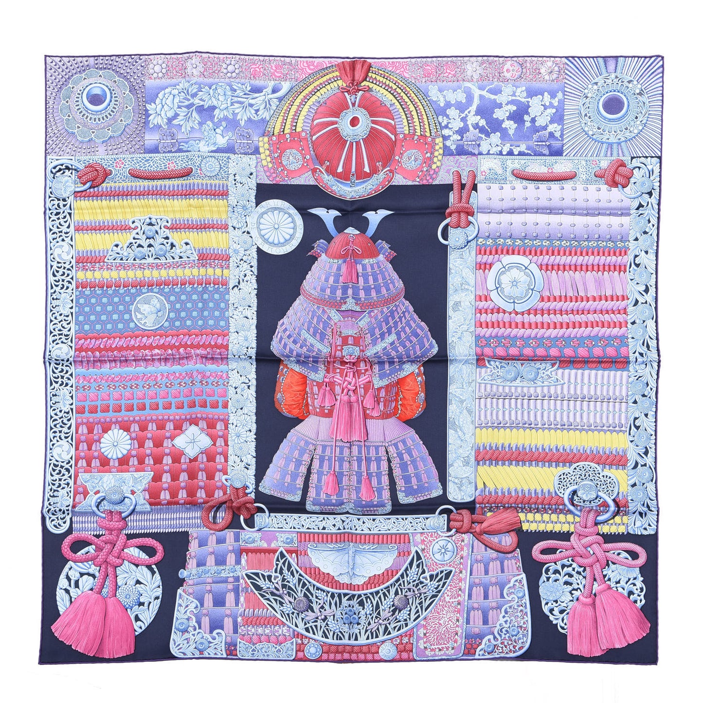 Silk Parures de Samourais Scarf 90 Marine Rose Bleu Glacier