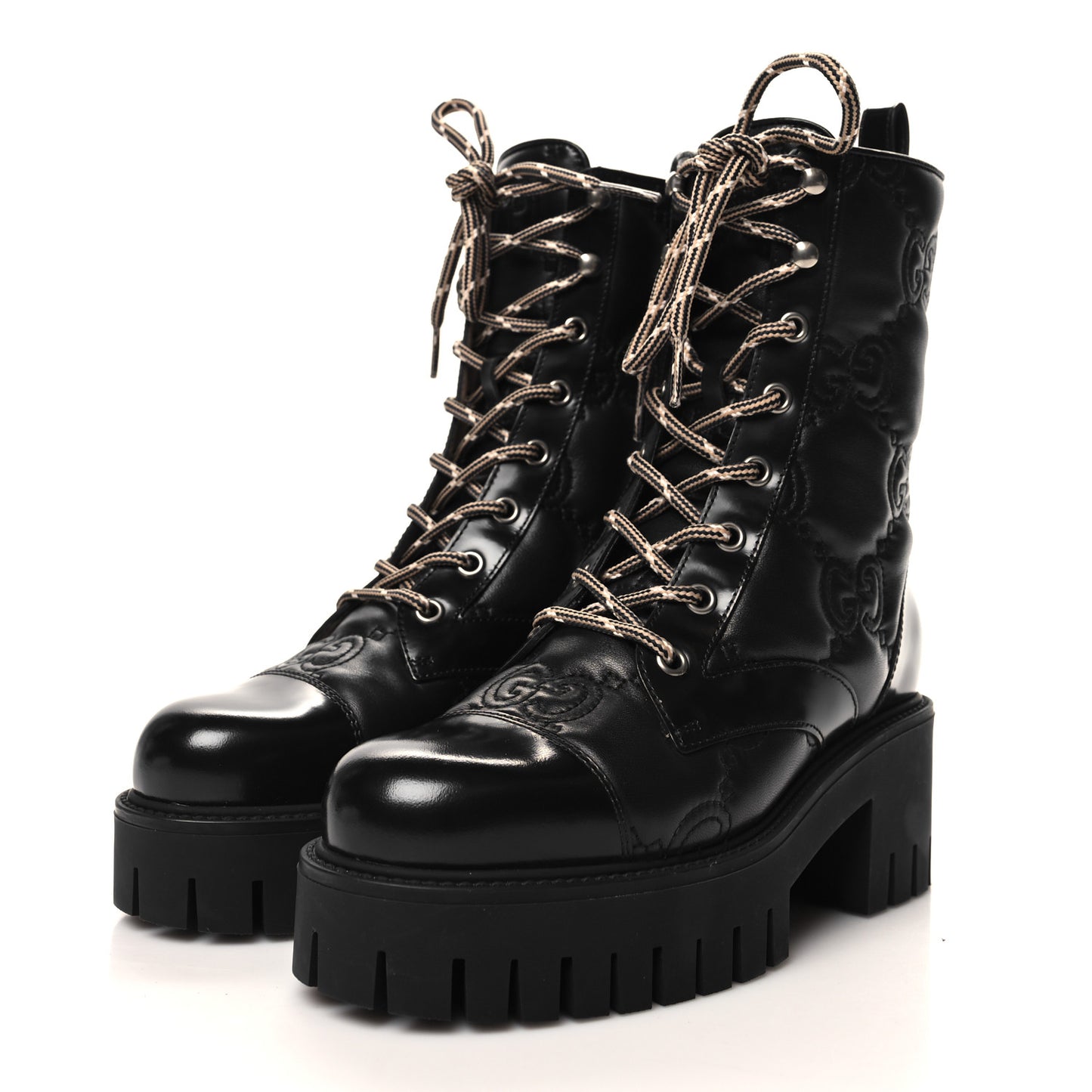 Cordovan Lux Nappa GG Matelasse Lace Up 60mm Combat Boots 35.5 Black