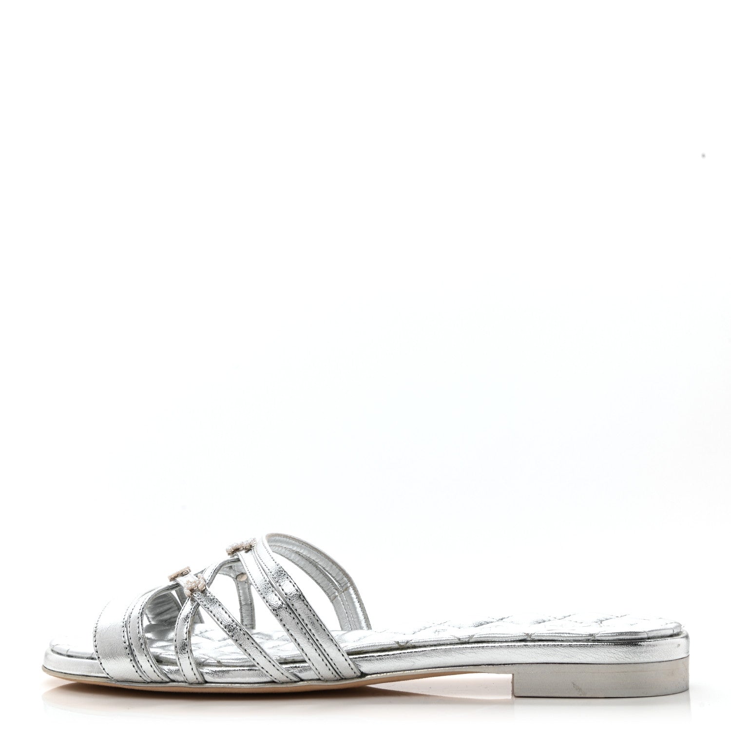 Chanel Laminated Lambskin Pearl CC Sandals 38 Silver 1 of 11