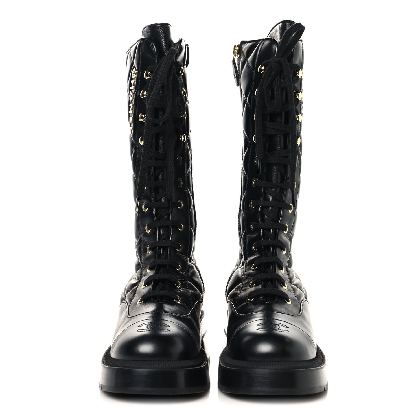 Calfskin Quilted Logo Lace Up Tall Combat Boots 37.5 Black