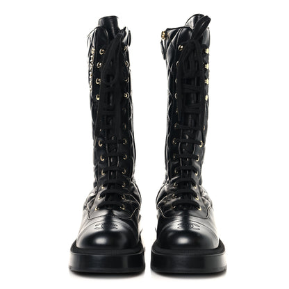Chanel Calfskin Quilted Logo Lace Up Tall Combat Boots 37.5 Black 2 of 7
