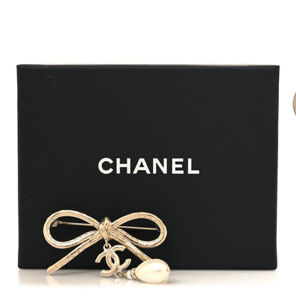 Chanel Pearl Crystal CC Bow Drop Brooch Gold Pearly White 4 of 4