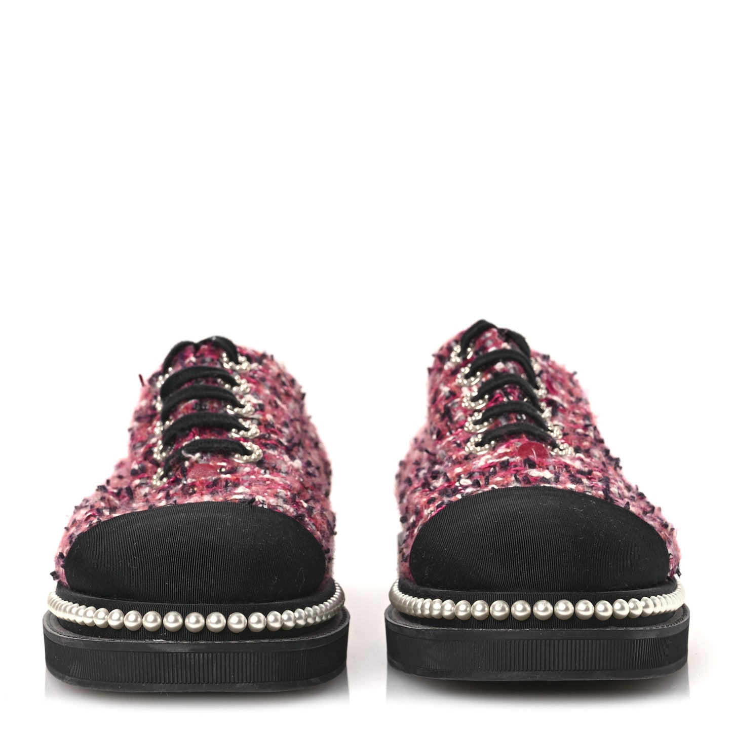 Tweed Grosgrain Sequin Pearl Lace Up Sneakers 40 Black Pink