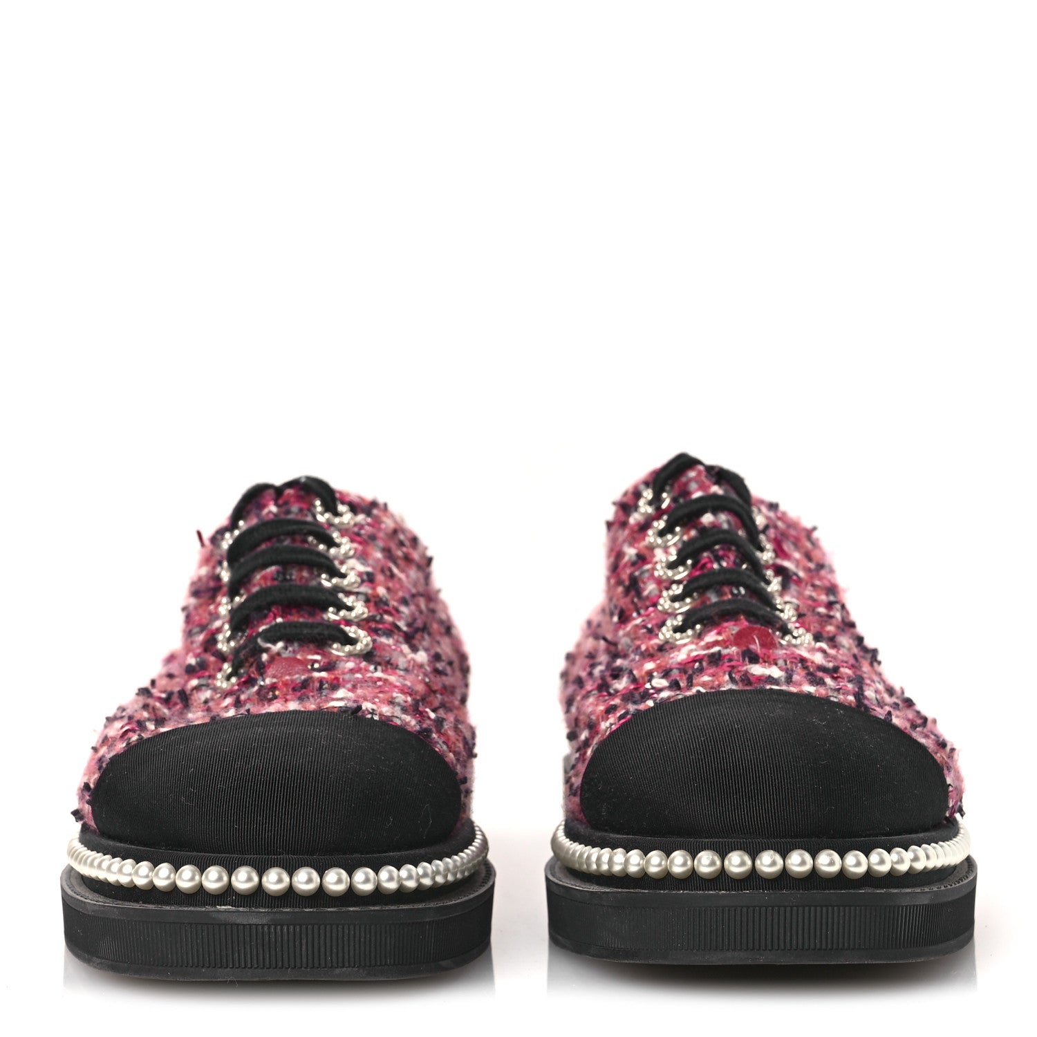 Chanel Tweed Grosgrain Sequin Pearl Lace Up Sneakers 40 Black Pink 3 of 11