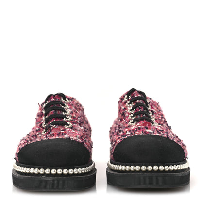 Chanel Tweed Grosgrain Sequin Pearl Lace Up Sneakers 40 Black Pink 3 of 11
