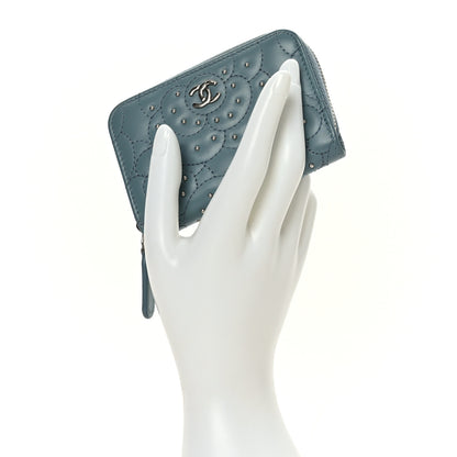 Chanel Lambskin Camellia Embossed Studded Zip Coin Purse Blue 2 of 7