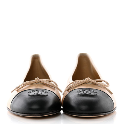 Chanel Lambskin Cap Toe CC Ballerina Flats 38 Beige Black 2 of 14