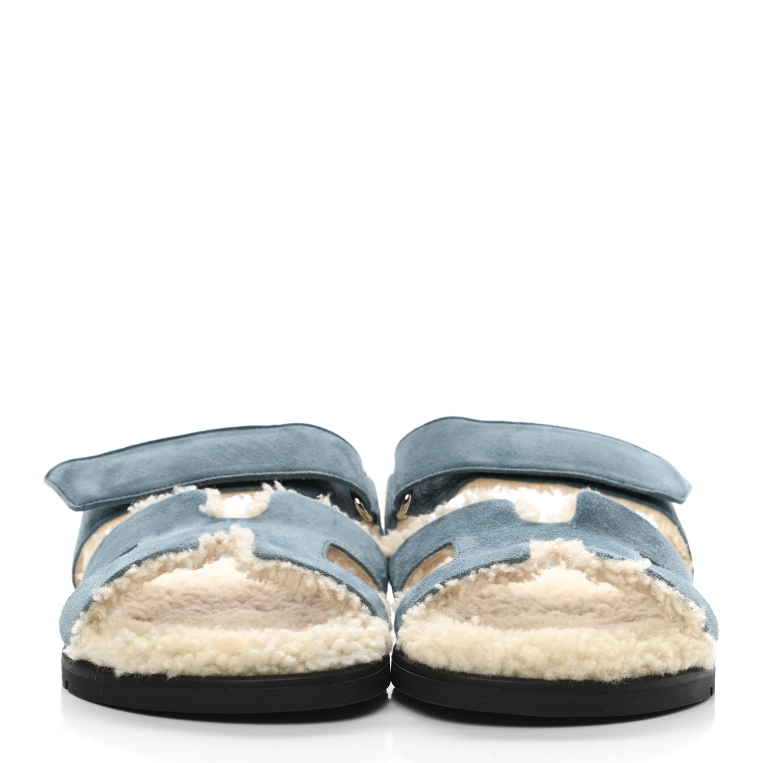 Hermes Suede Goatskin Woolskin Womens Chypre Sandals 36.5 Bleu Pinede Ecru 2 of 8